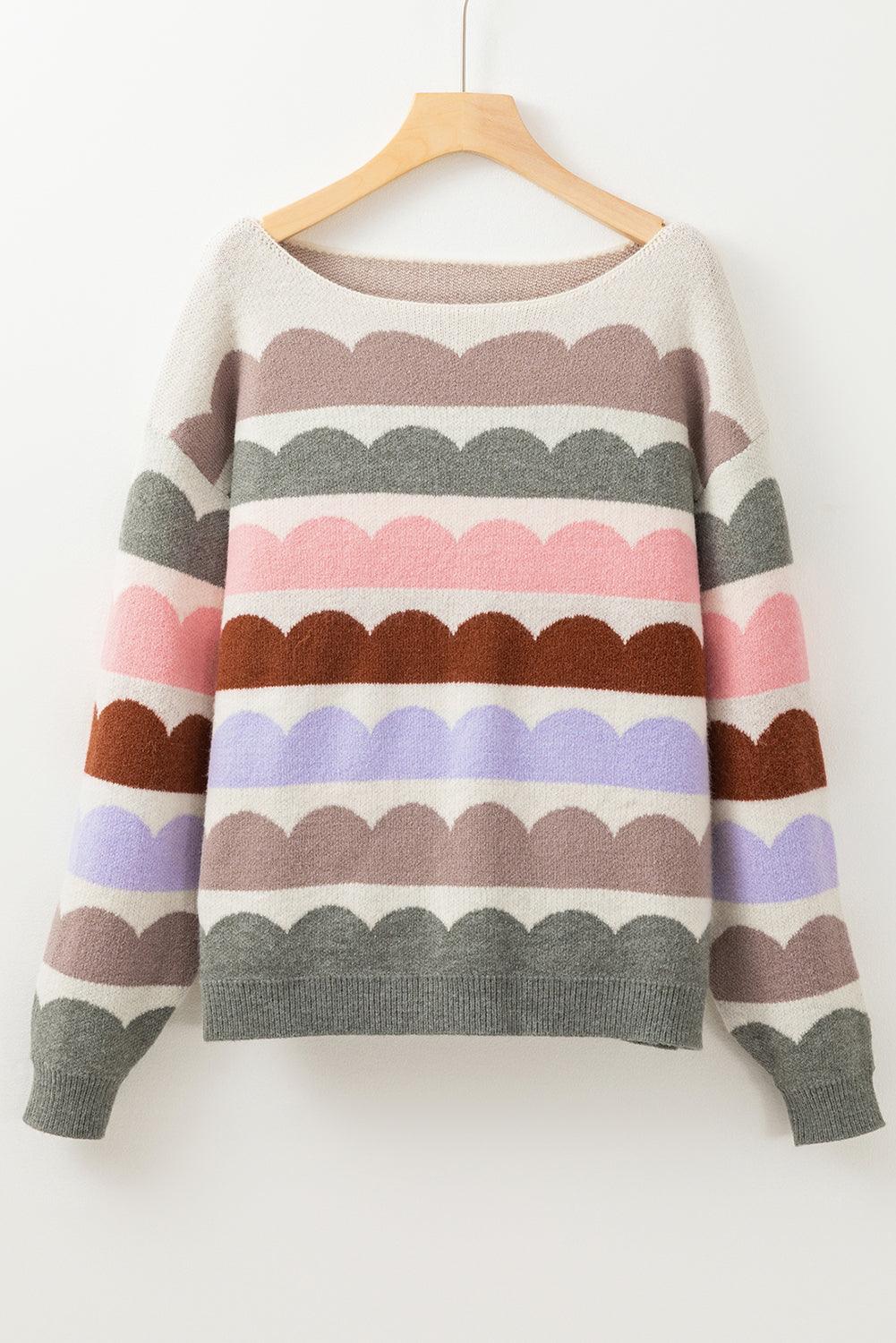 Rose Red Wave Striped Balloon Sleeve Drop Shoulder Sweater