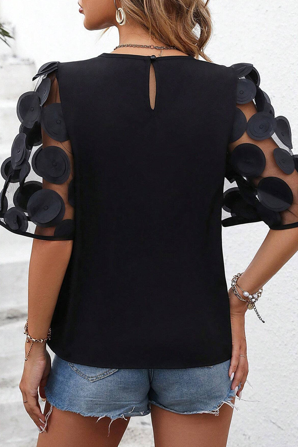 Black Applique Half Sleeve Blouse