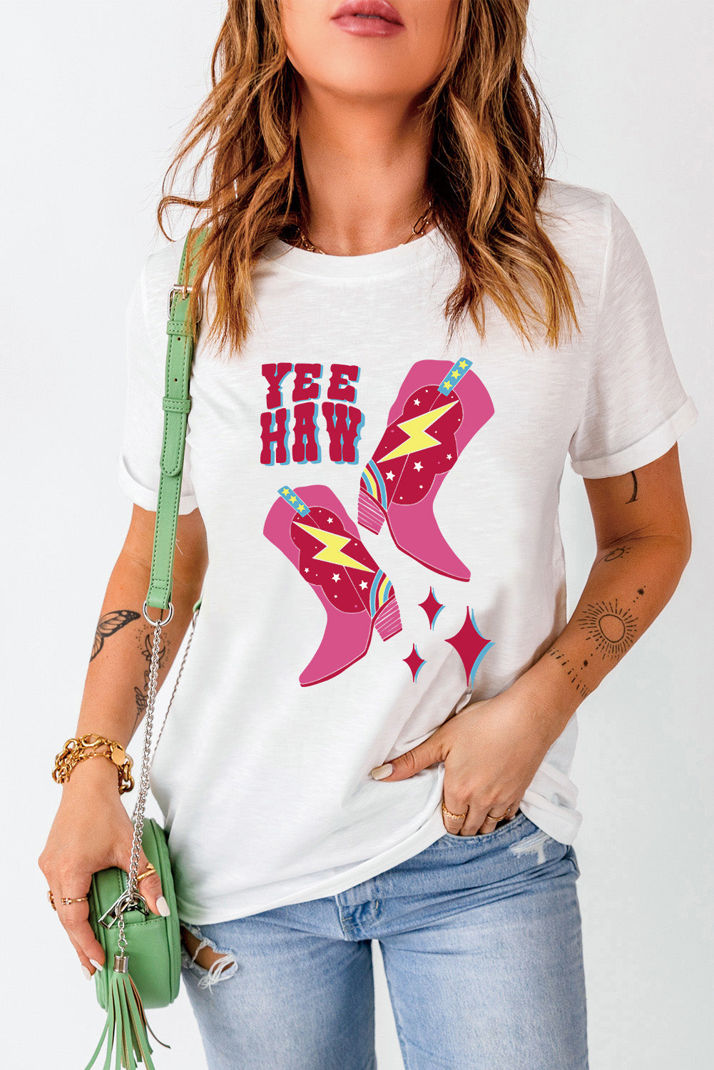 White "YEE HAW" Western Boots Graphic T Shirt