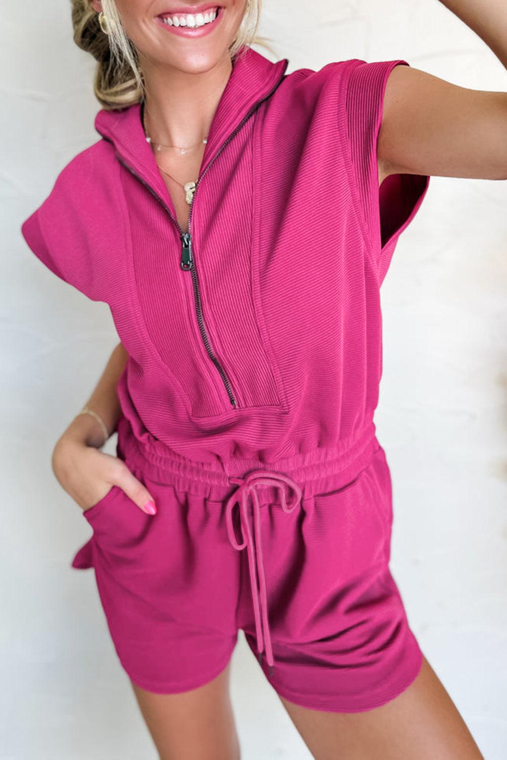  Drawstring Half Zipper Romper