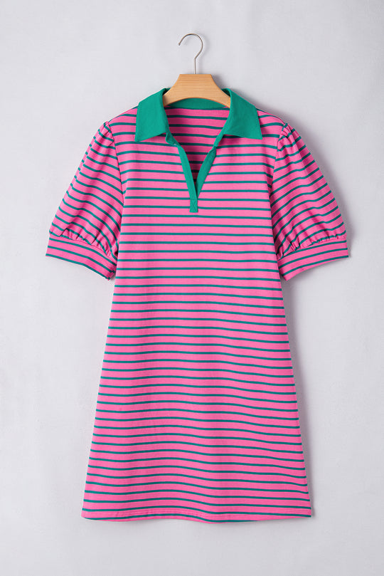 Stripe Pink Collar T Shirt Plus Size Dress 