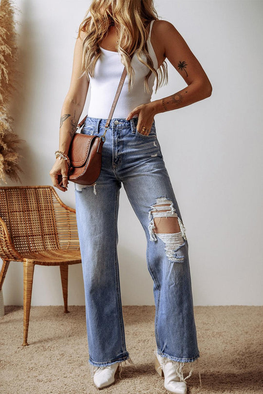 Distressed Destroyed Straight Leg High Waist Denim