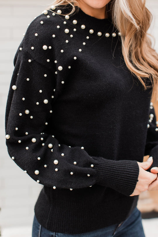 Dazzling Beaded Pearl Black Sweater