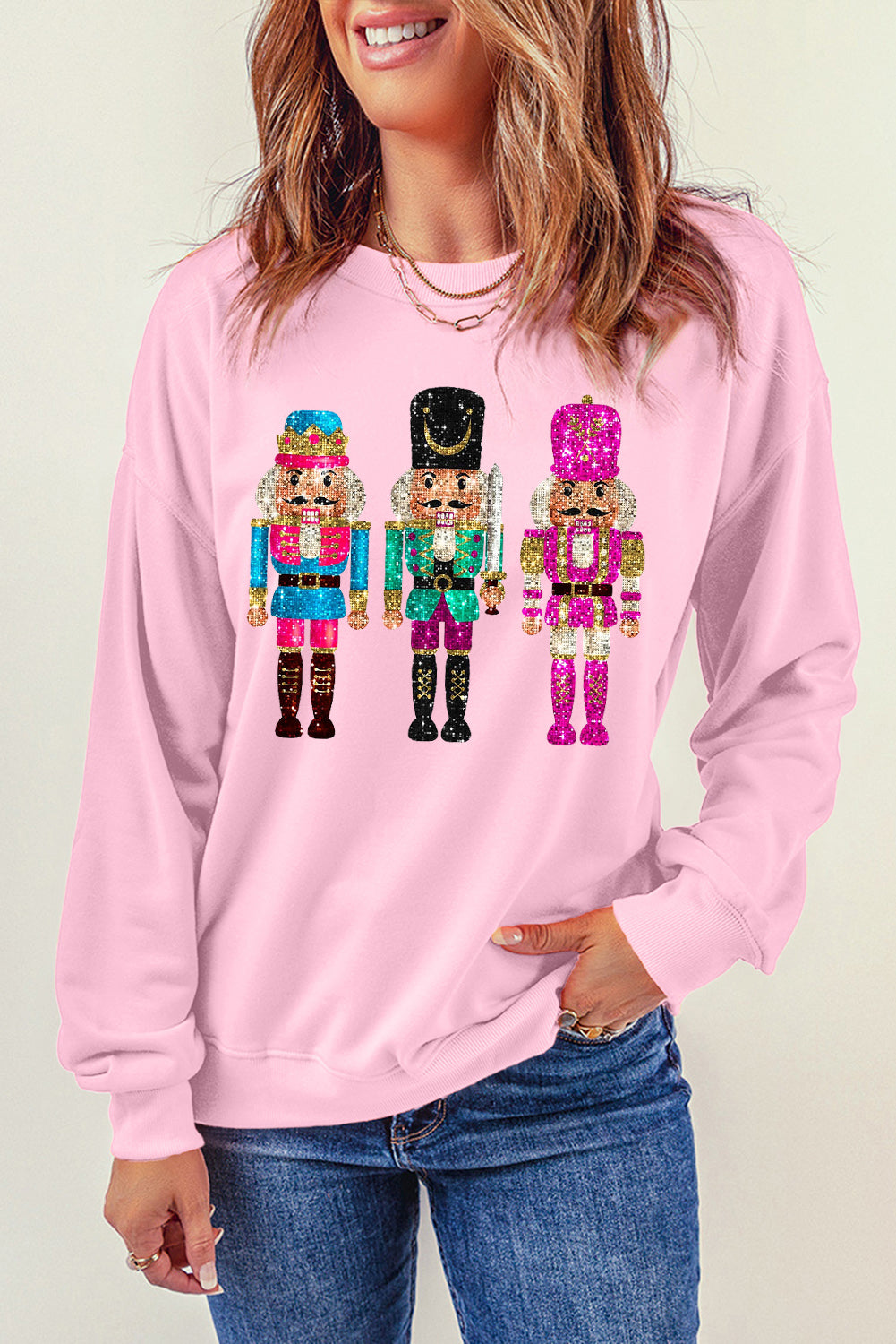 Pink Cute Multicolor Sequins Nutcracker Christmas Sweatshirt