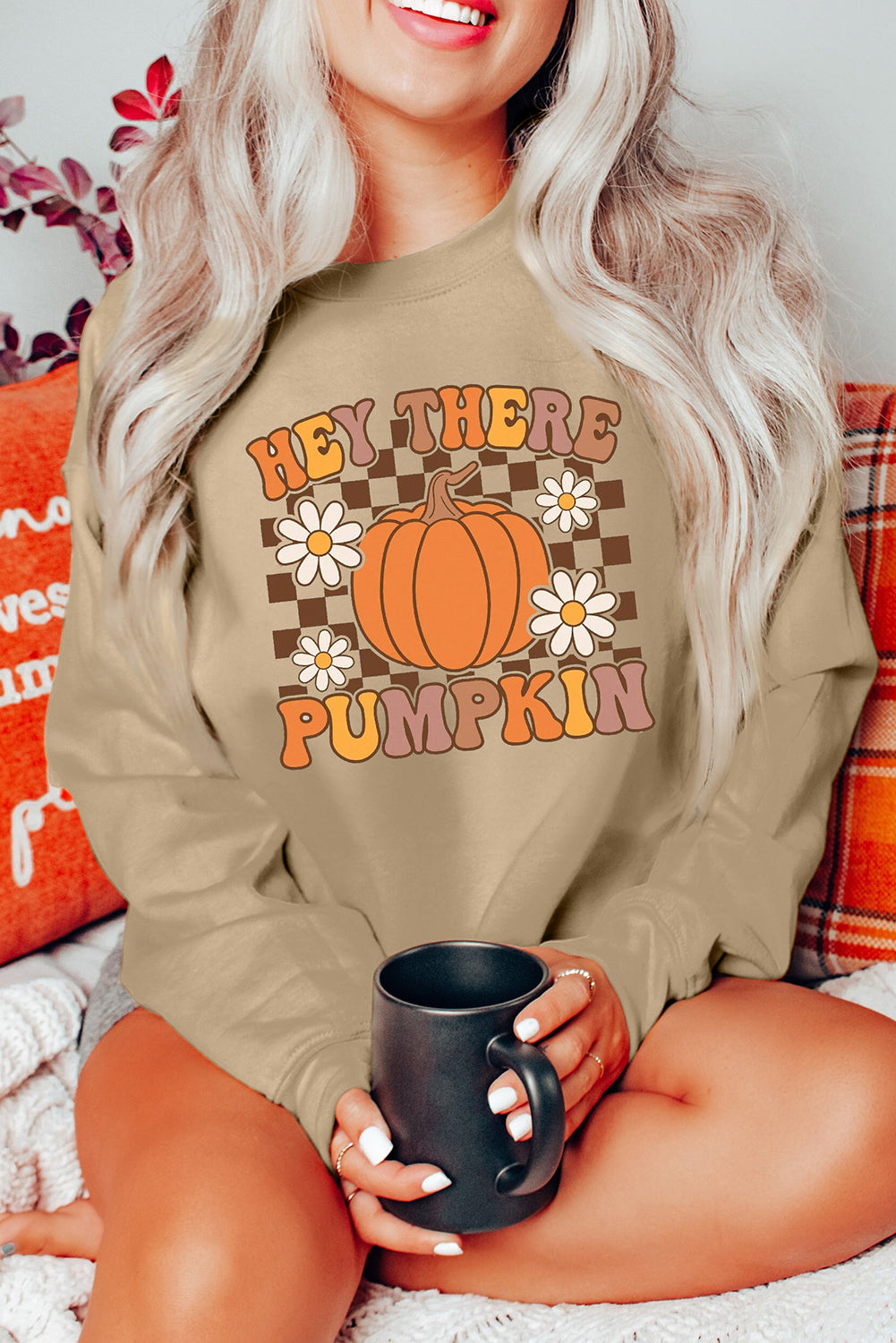 Floral Checkered "Hey There Pumpkin" Graphic Sweatshirt