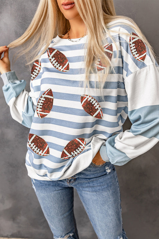 Blue Stripe Sequin Football Pullover Sweatshirt