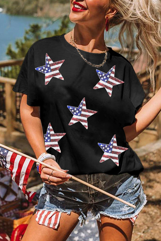 White Sequined American Flag Star Graphic T Shirt