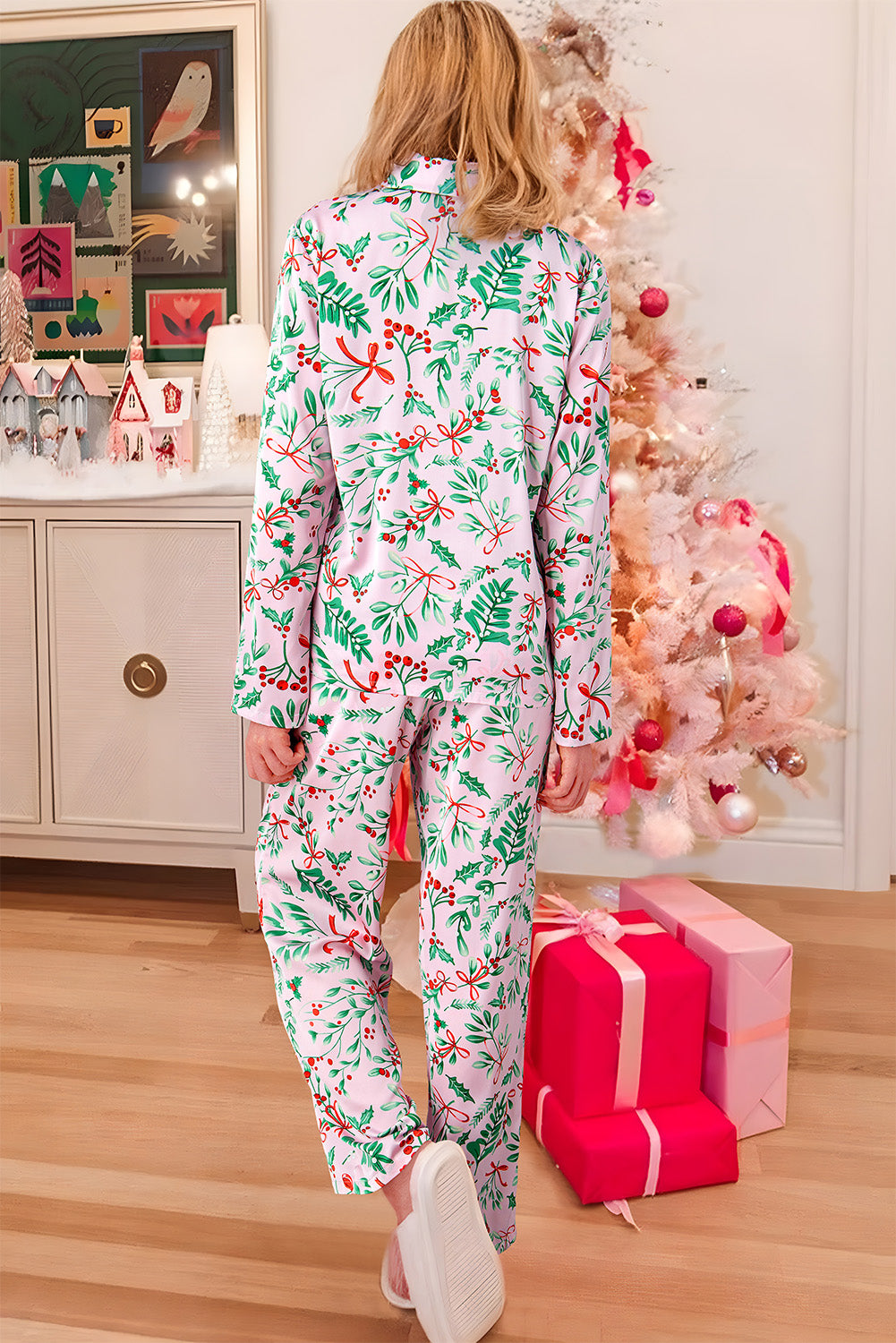 Christmas Berries Pink Satin Long Sleeve Pajama Set