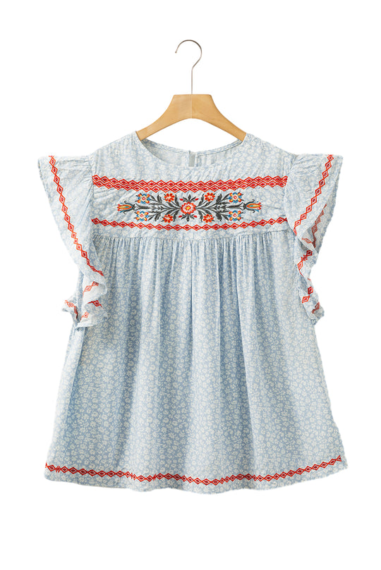 Boho Baby Blue Embroidered Floral Blouse - Klazzi Fashion Boutique