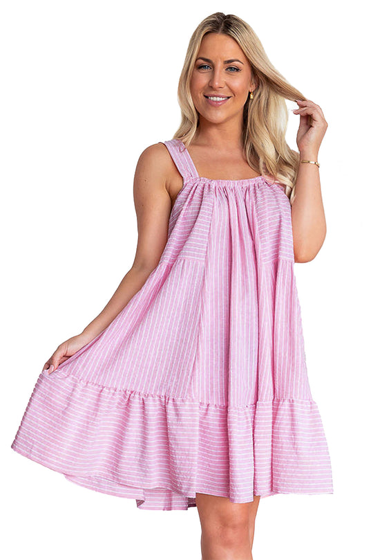 Ruffled Pink Pinstriped Mini Flared Dress