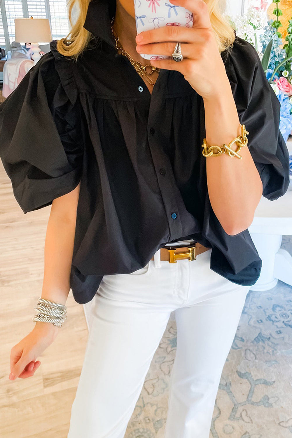 Black Ballon Sleeve Loose Blouse