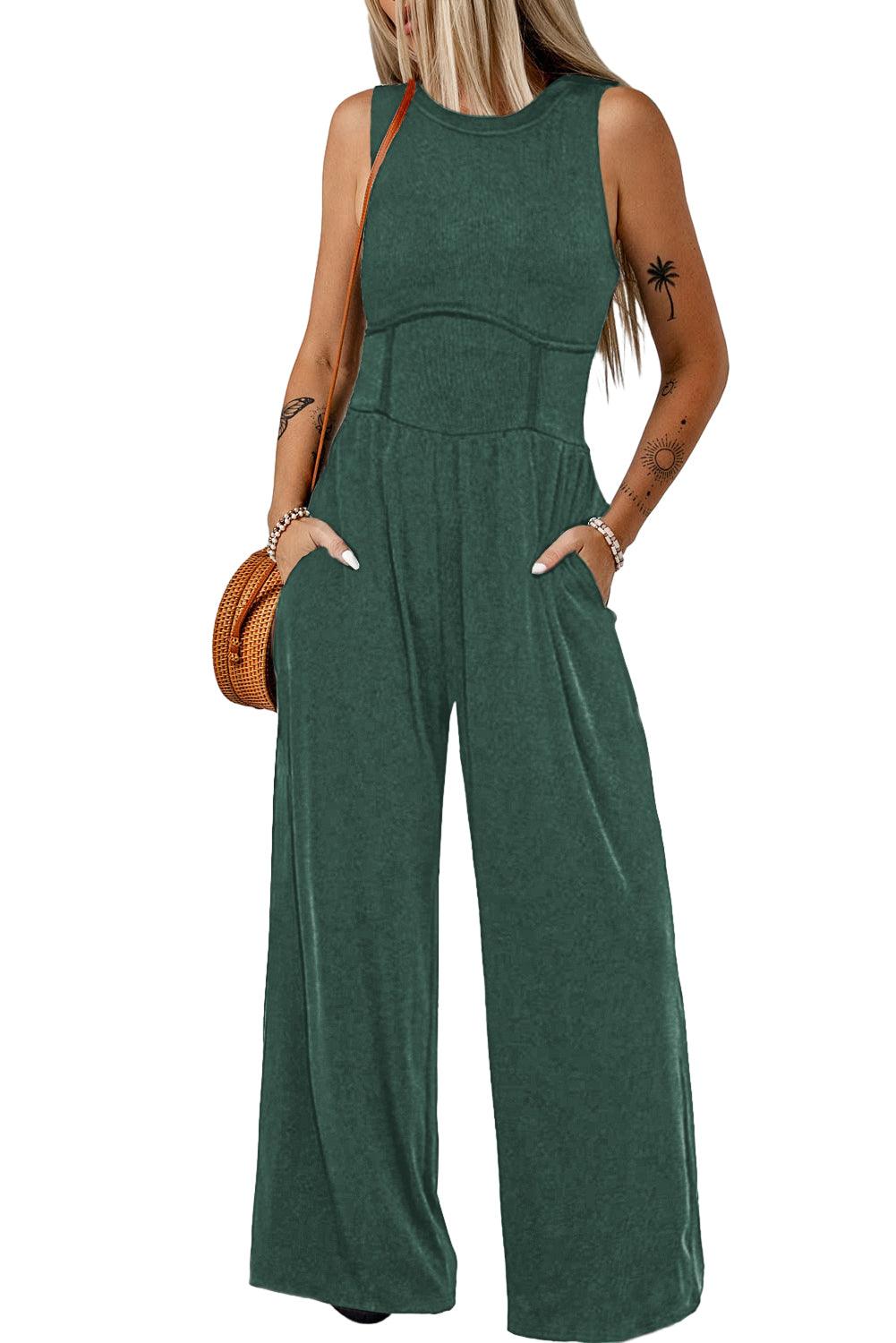 Medium Grey Cinched Waist Sleeveless Wide Leg Jumpsuit