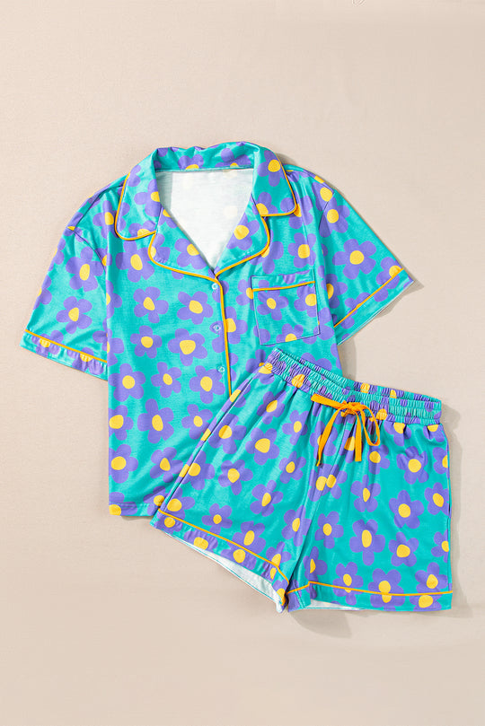 Turquoise Daisy Flower Short Set Pajamas