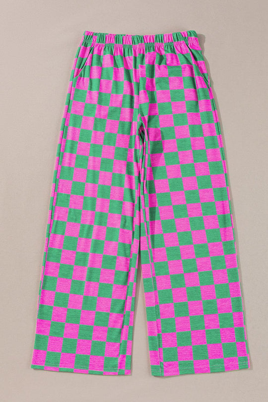 Bonbon 2-Tone Checked Print High Waist Wide Leg Pants