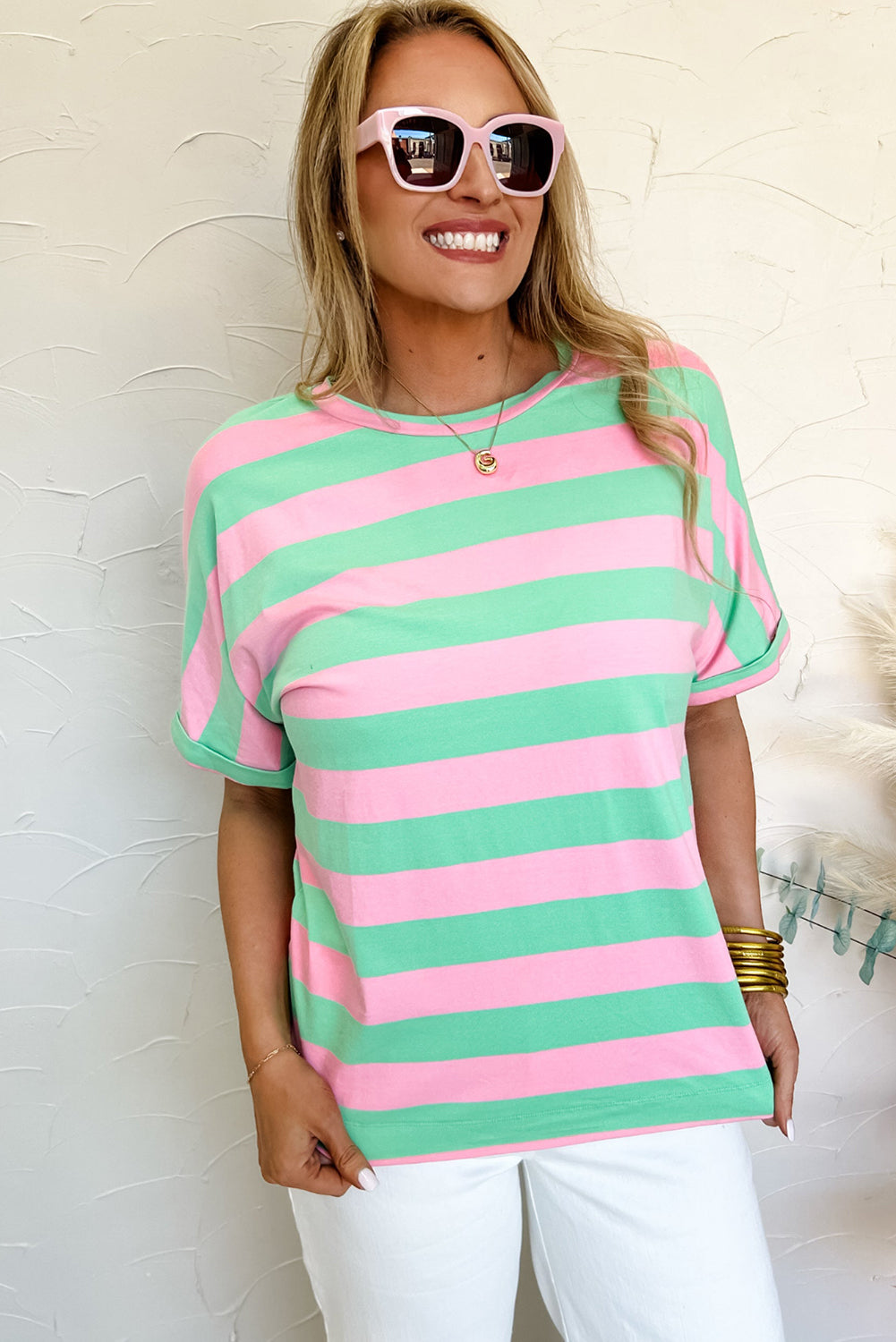 Pink and Mint Stripe Cuffed Sleeve Loose Tee