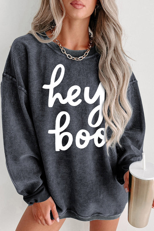 Corduroy Gray "Hey Boo" Graphic Halloween Sweatshirt