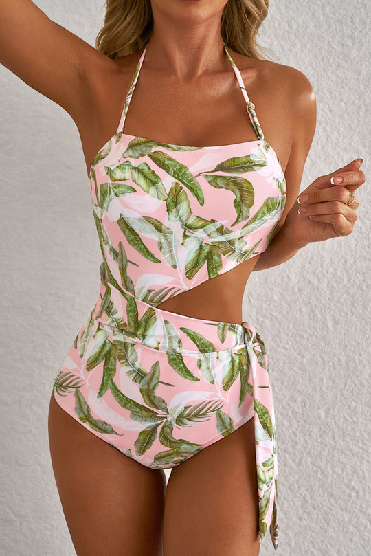 Pink Tropical Asymmetric Halter One Piece Swimsuit