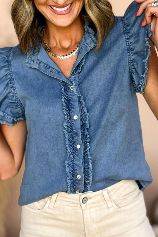 Beau Blue Button Front Ruffled Flutter Frayed Denim Top