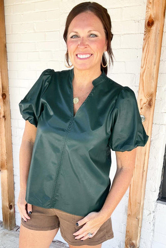 Pleather Hunter Green Puff Sleeve Blouse