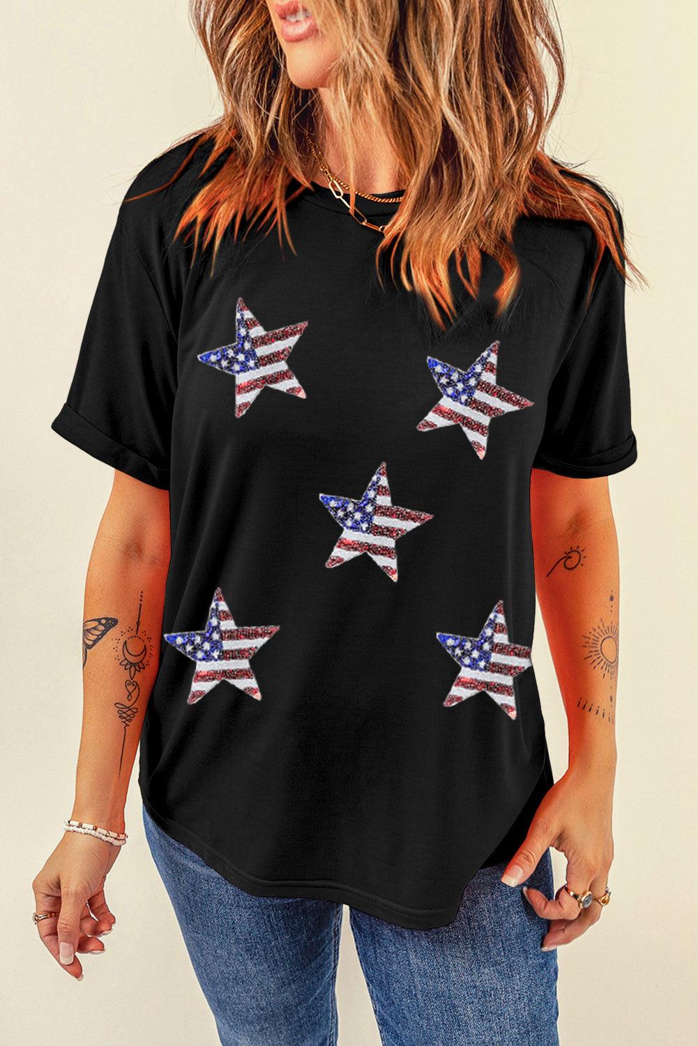 White Sequined American Flag Star Graphic T Shirt