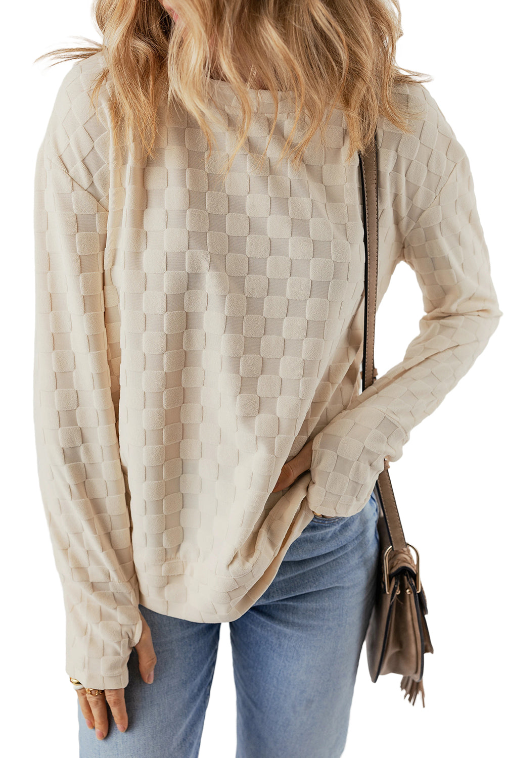 Beige Solid Textured Thumbhole Sleeve Top - Klazzi Fashion Boutique