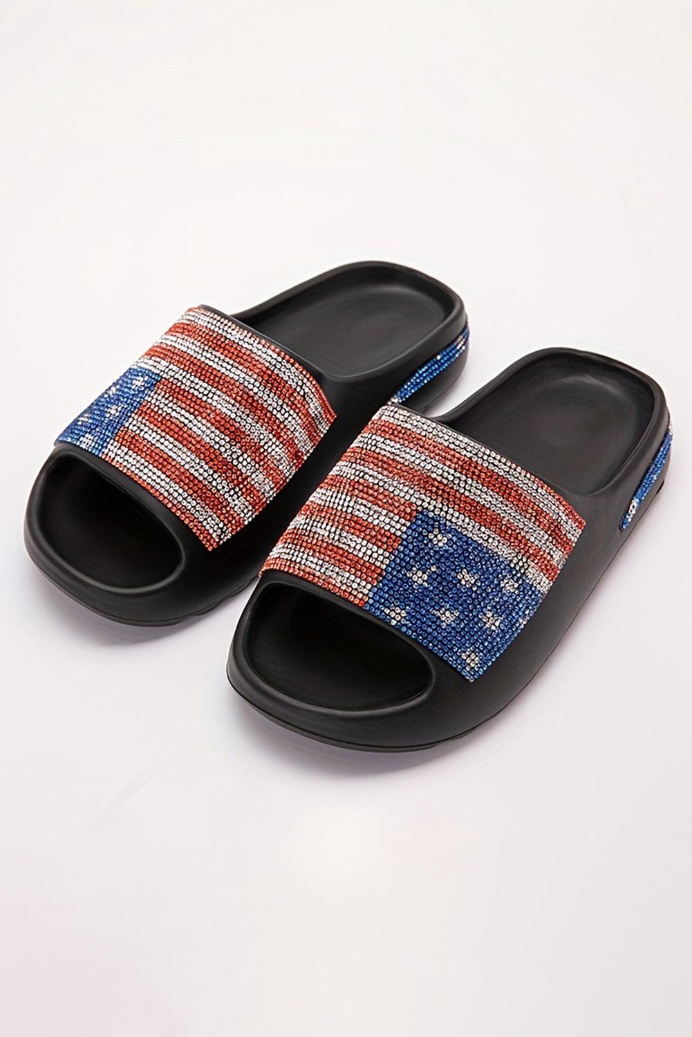 White Rhinestone American Flag Thick Sole Slippers