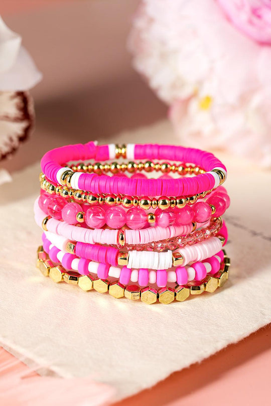 Pink 8pcs Valentine Beaded Elastic Bracelet Set