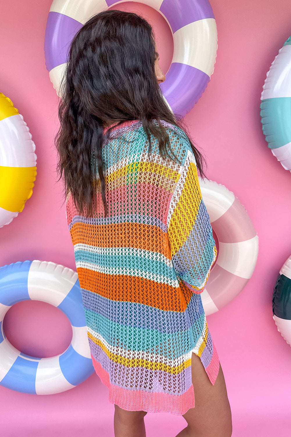 Hollowed Multicolor Pink Stripe Crochet Sweater