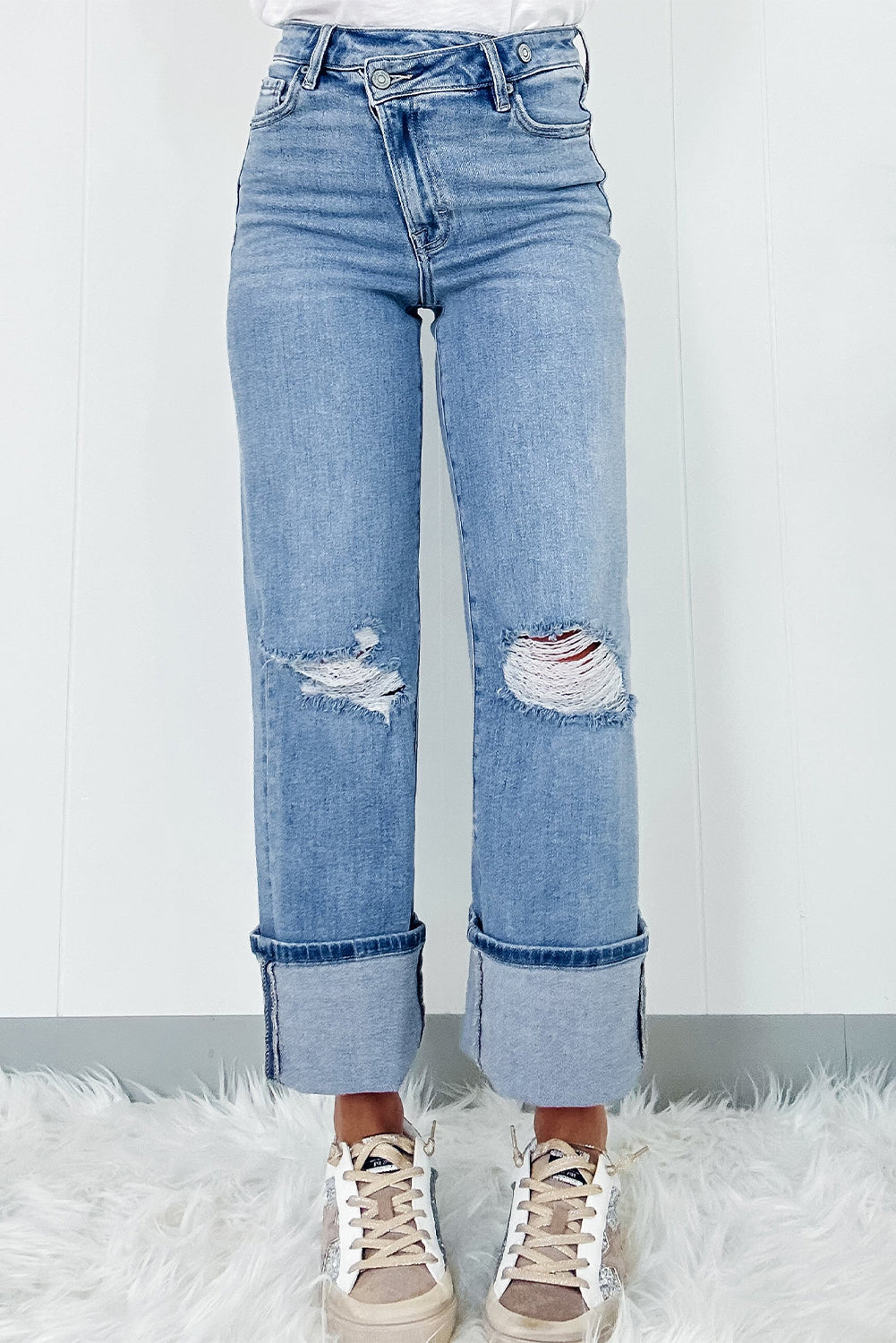  High Rise Asymmetric Ripped Denim