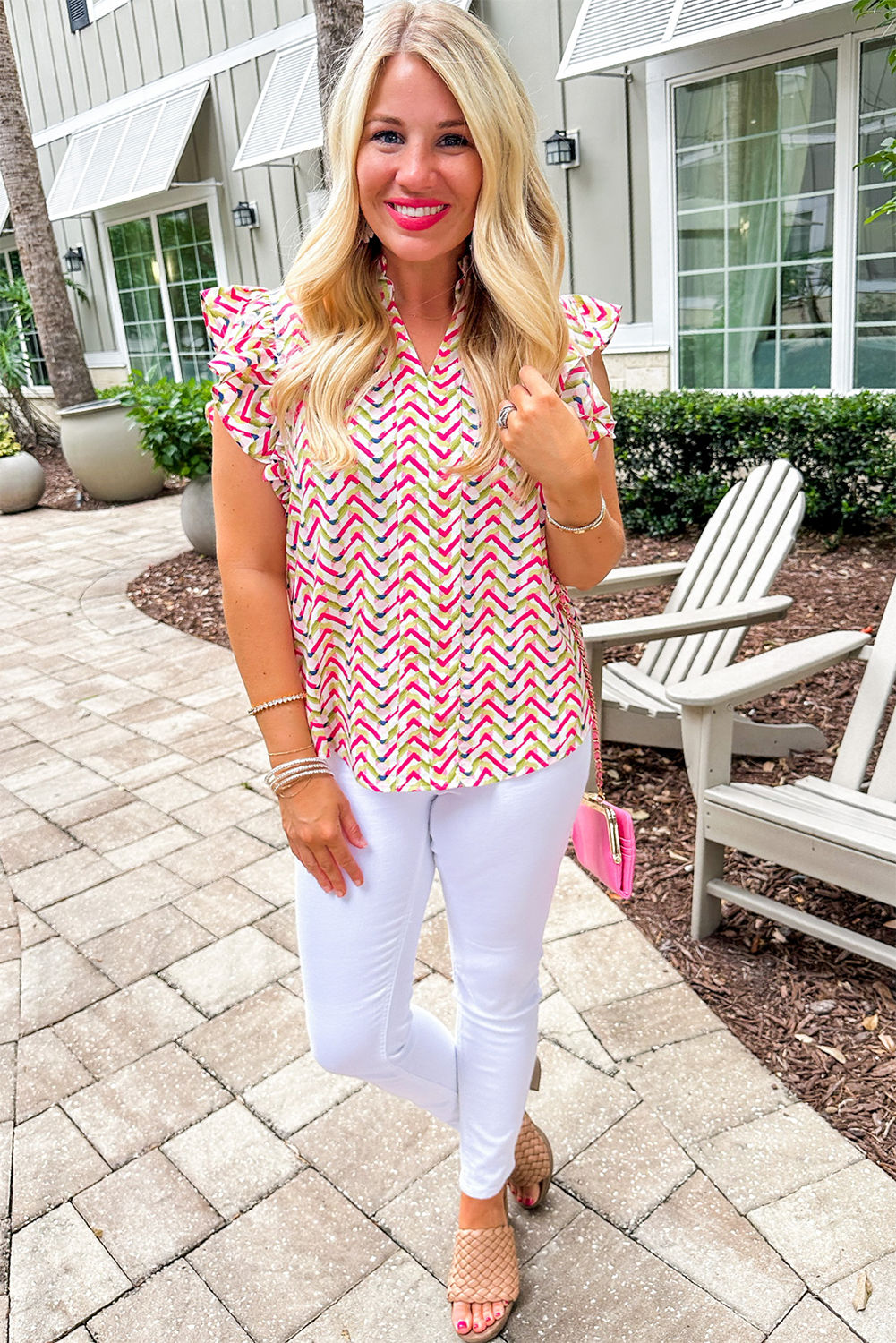 Chevron Ruffled Multicolor Fuchsia Blouse