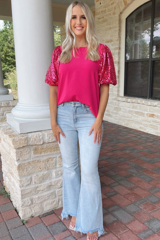 Rose Sequin Puff Sleeve Blouse