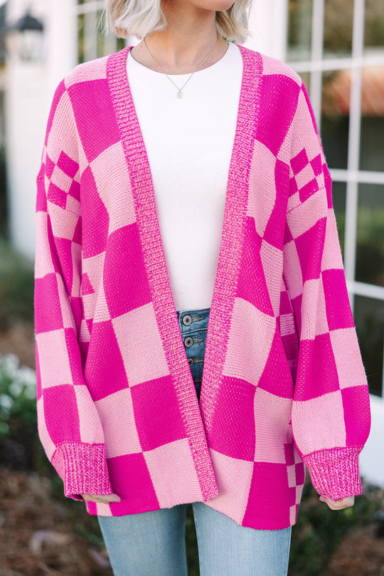 Pink Checkered Open Cardigan