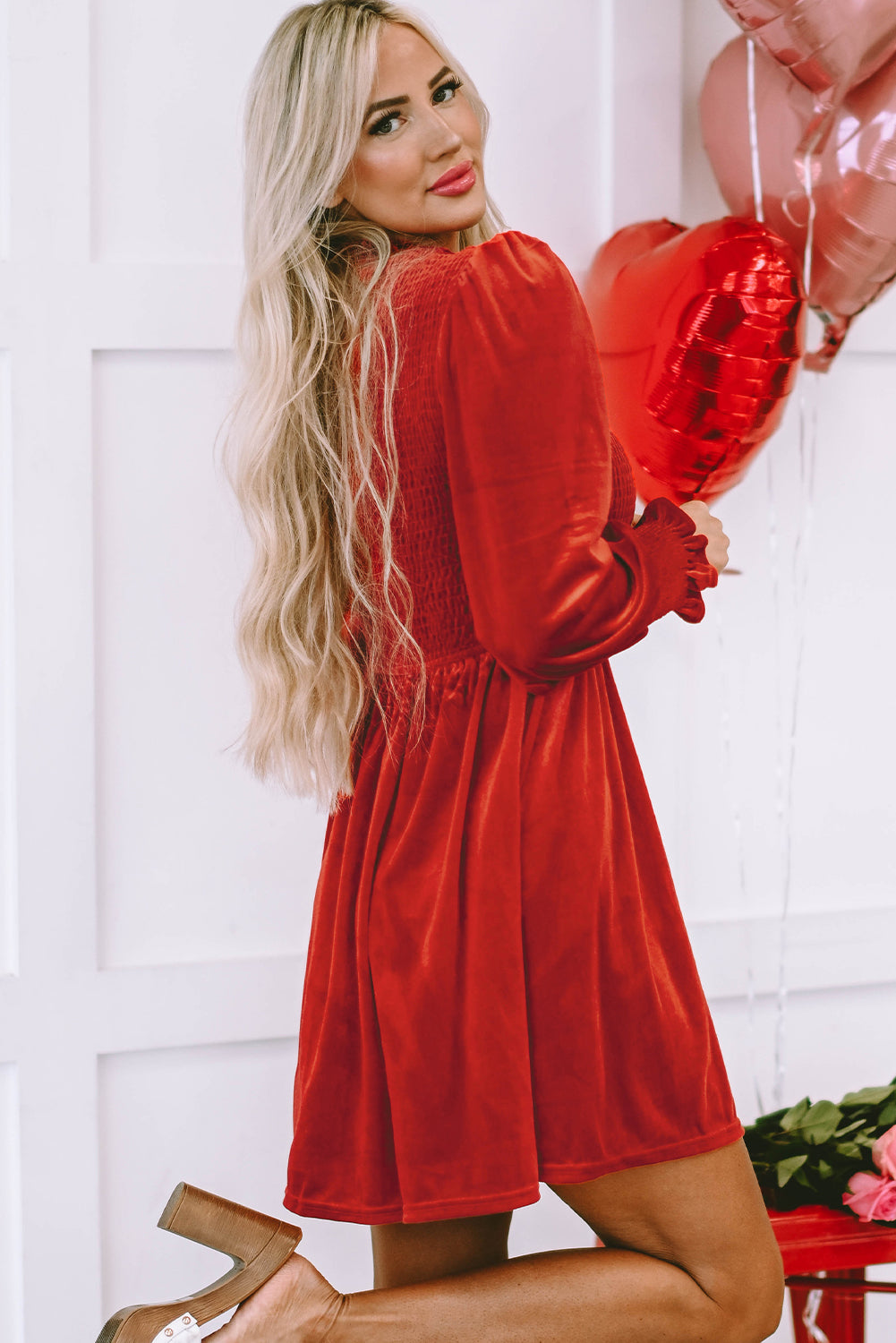 Red Velvet Smocked Dress