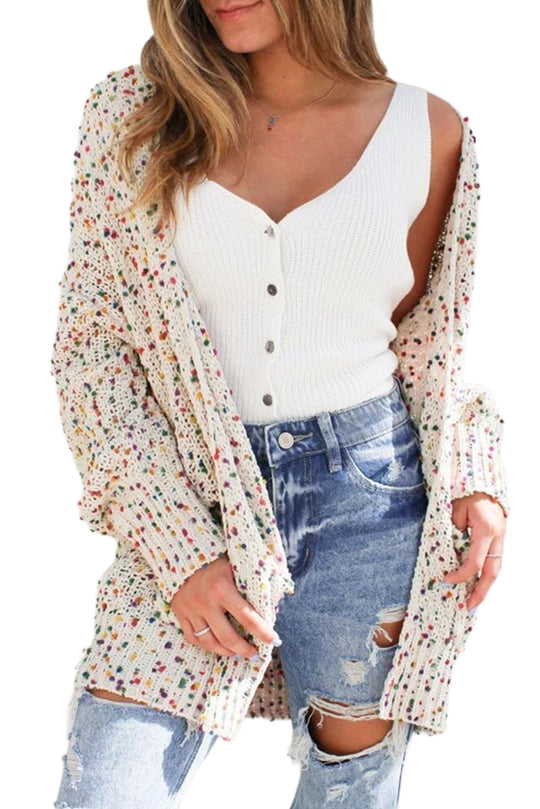 Dotted Multicolor Cream Knit Long Sleeve Cardigan