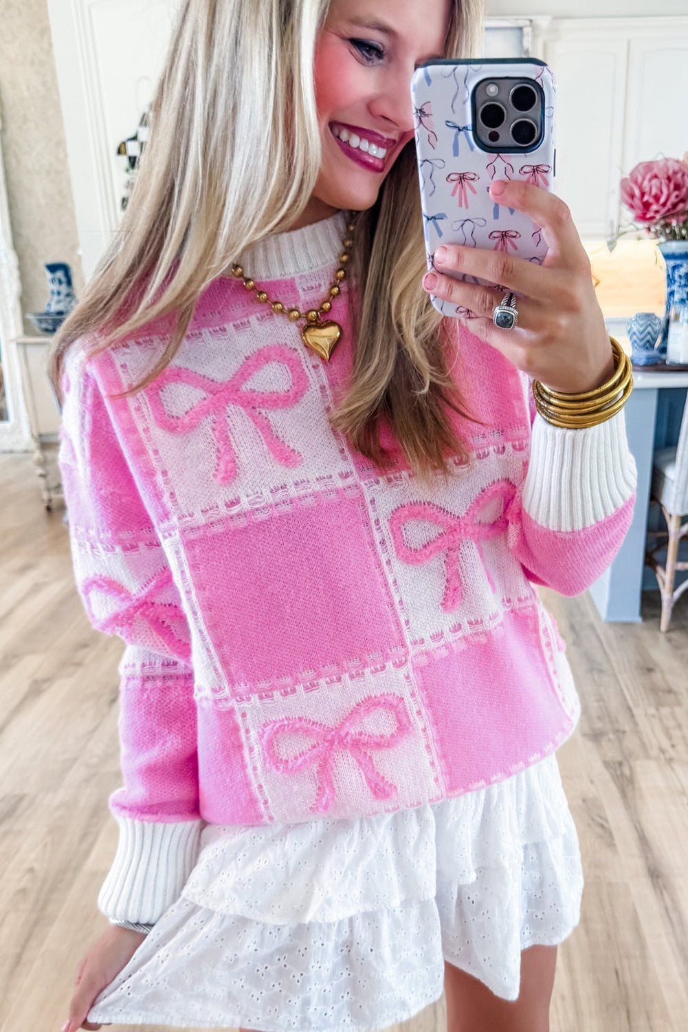 Checkered Pink Bow Knots Sweater