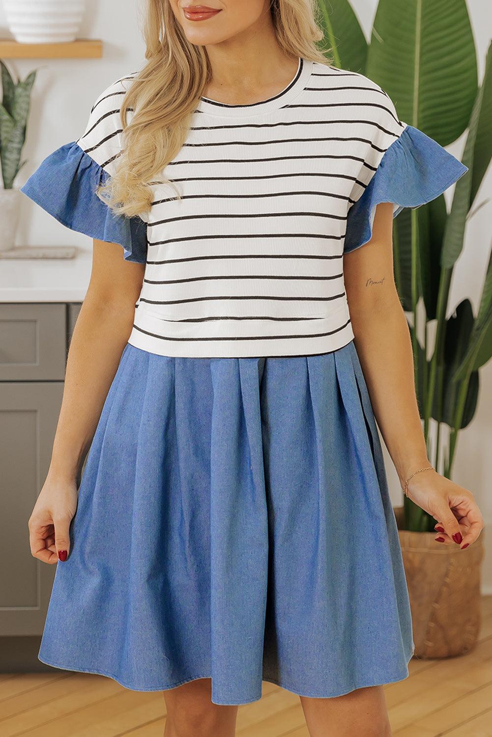 Denim Stripe Ruffle Mini Dress