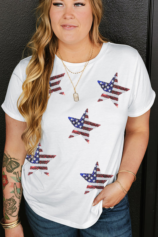 White Sequin American Flag Star Pattern Plus Size Tee - Klazzi Fashion Boutique