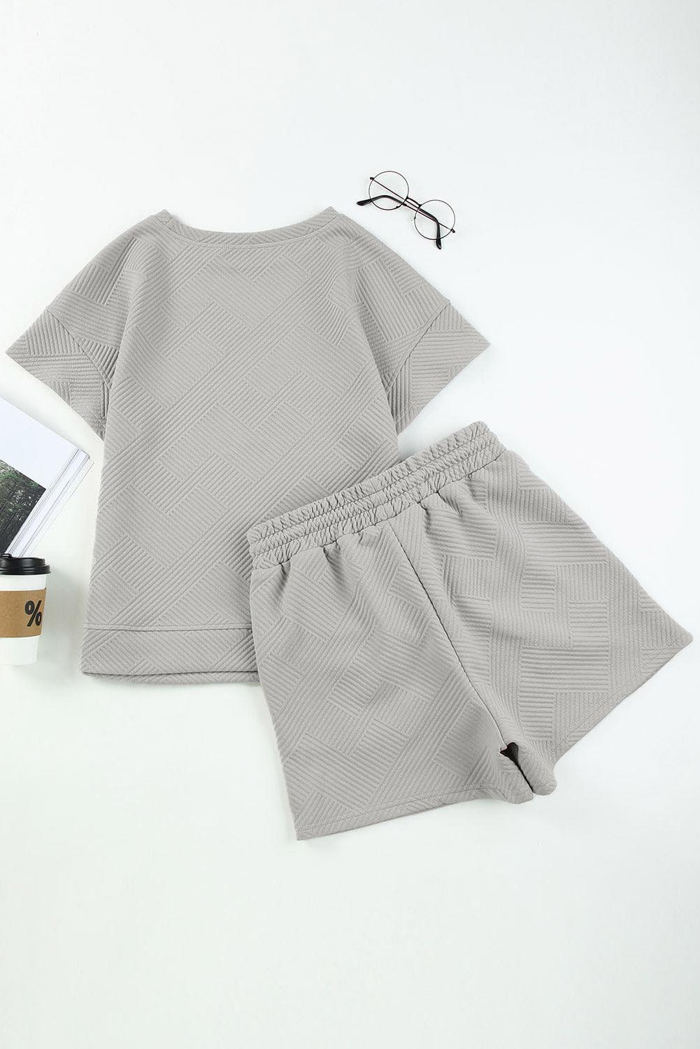 Gray 2Pcs Solid Textured Drawstring Shorts Set