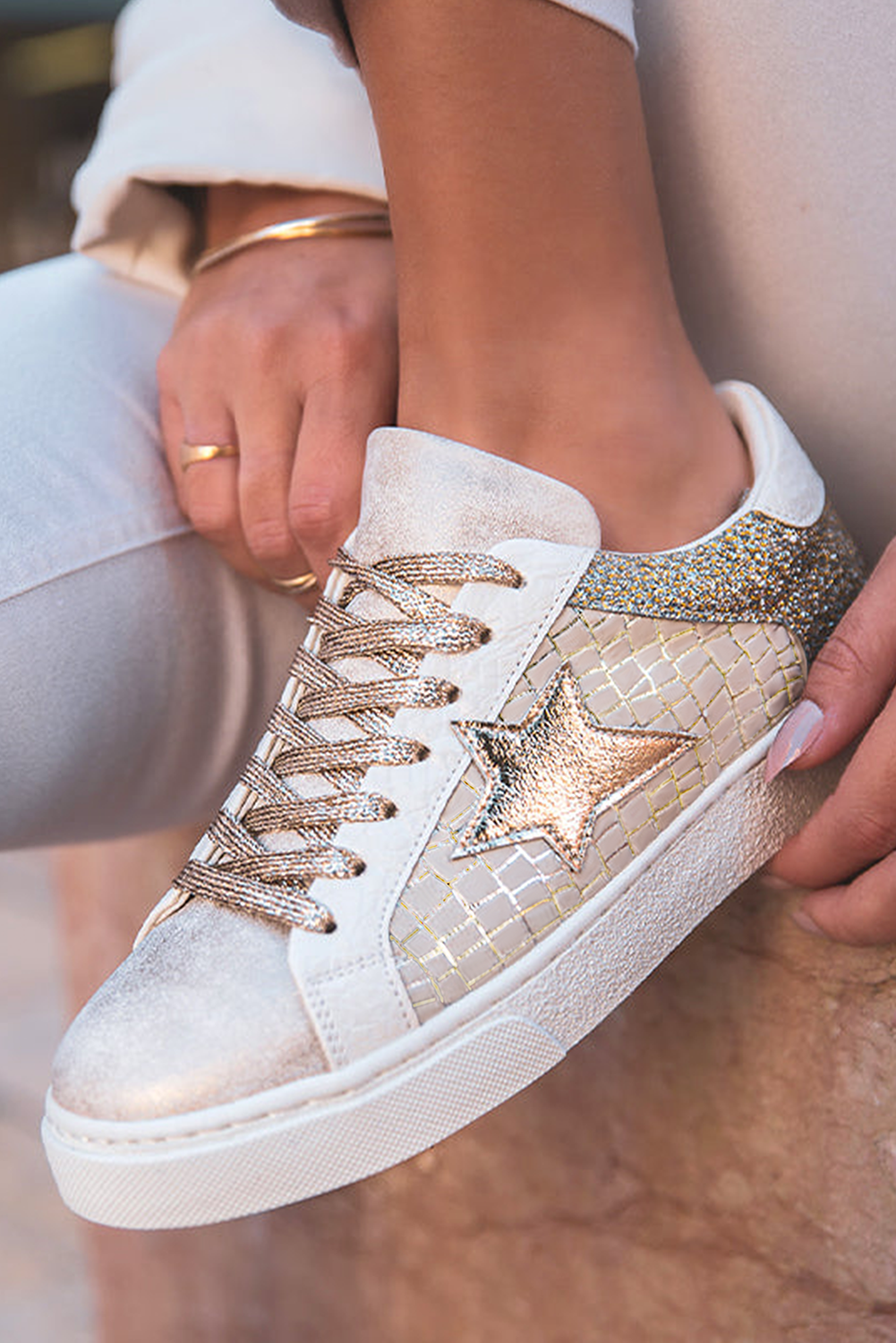 Leather Metallic Gold Glitter Star Sneakers