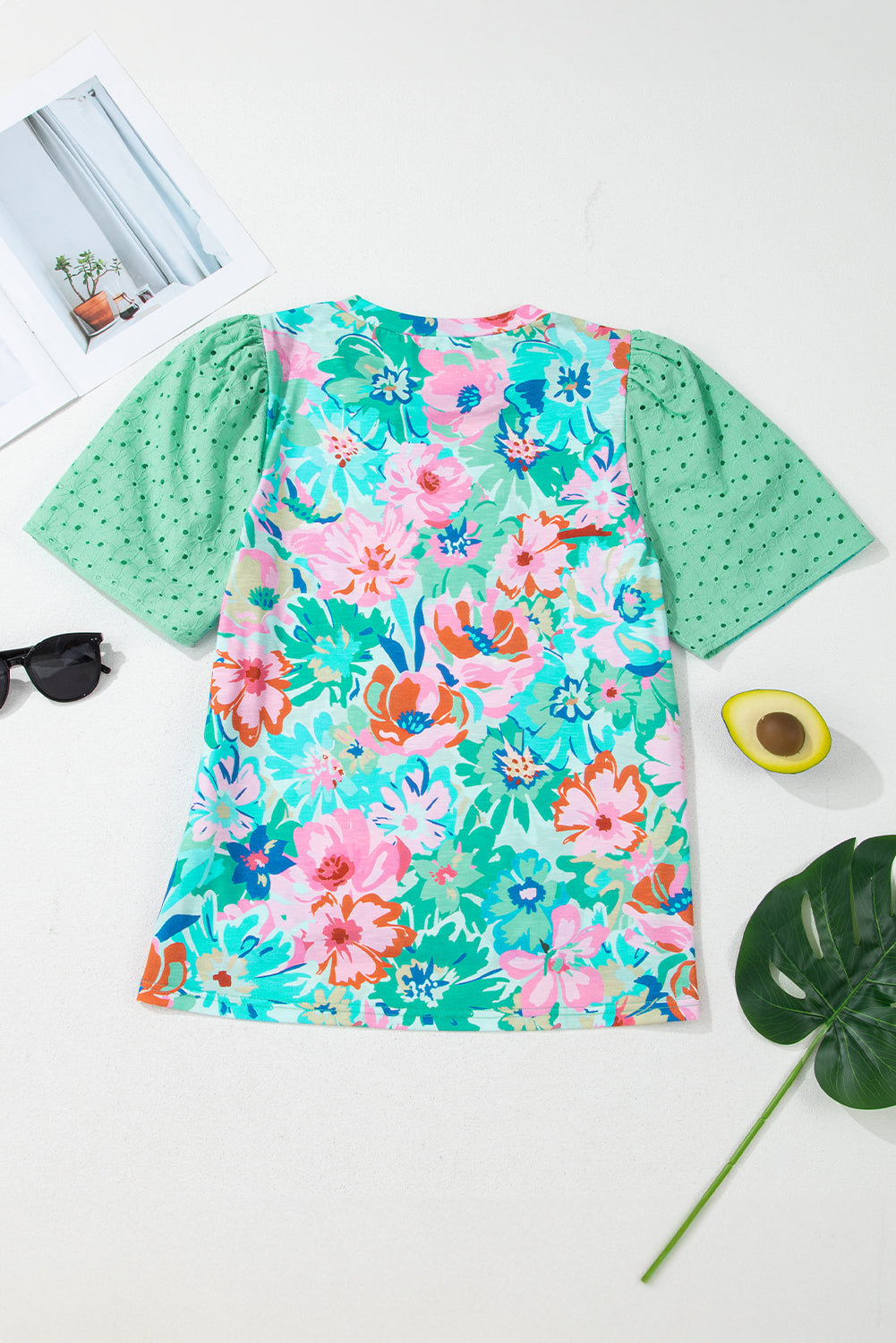 Green Floral Eyelet Embroidered Top