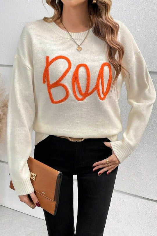 Cream Knitted "Boo" Pattern Sweater