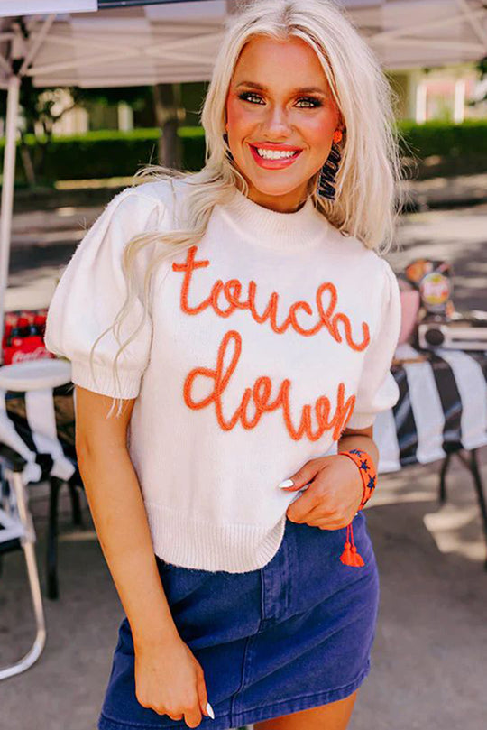 White "Touchdown" Tinsel Puff Short Sleeve Sweater