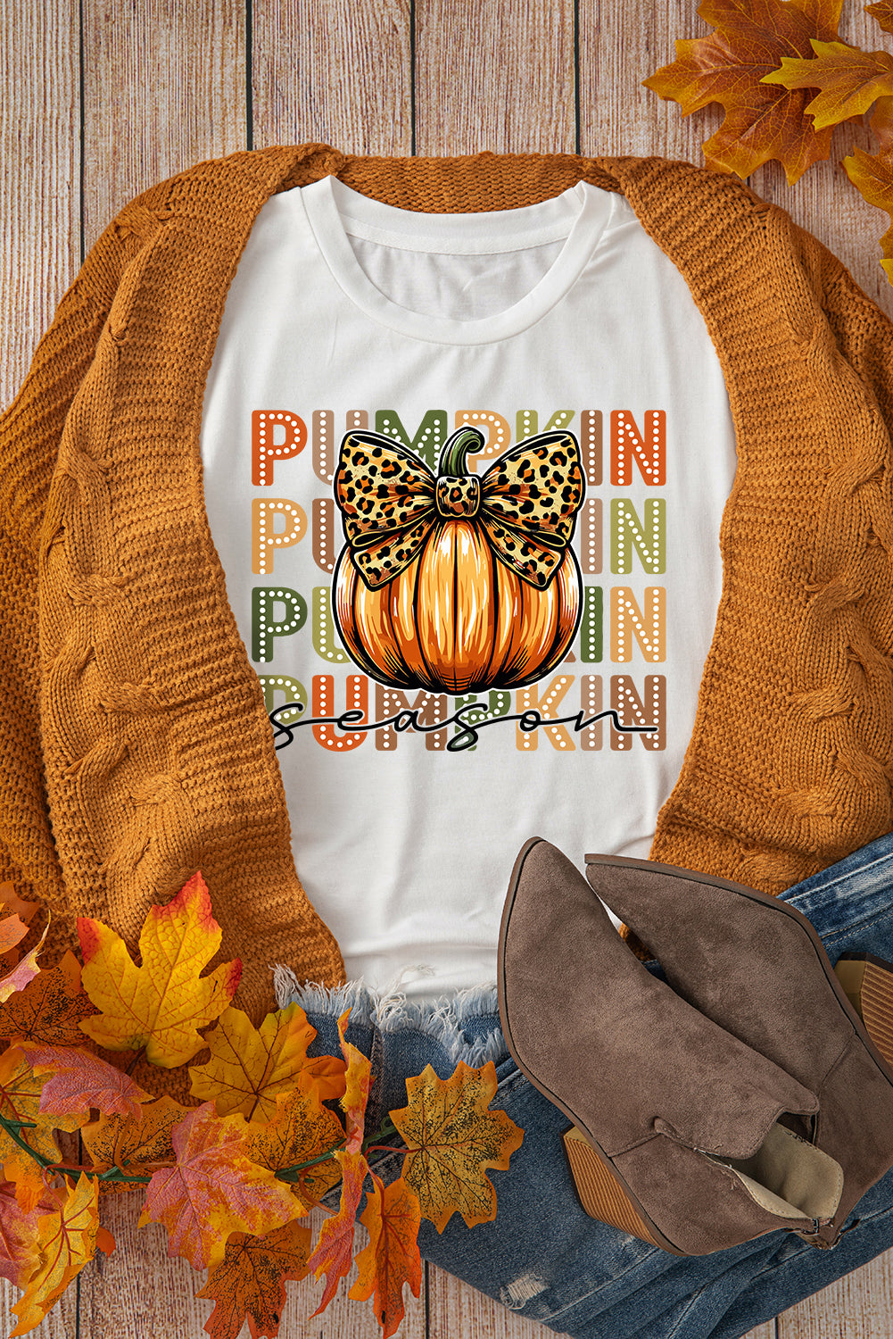  Leopard Bow Pumpkin Season T Shirt