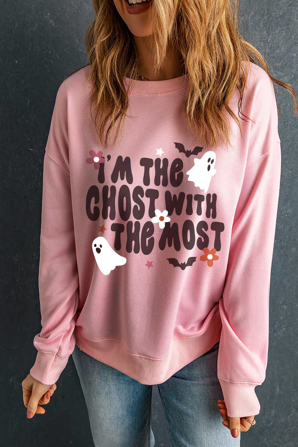 Halloween "Ghost With The Most" Pink Graphic Sweatshirt