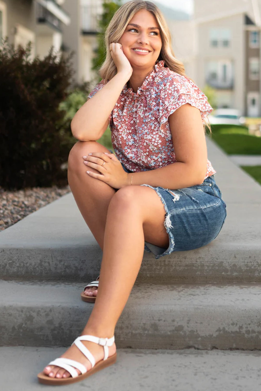 Nina Ruffled Pale Pink Plus Size Floral Blouse