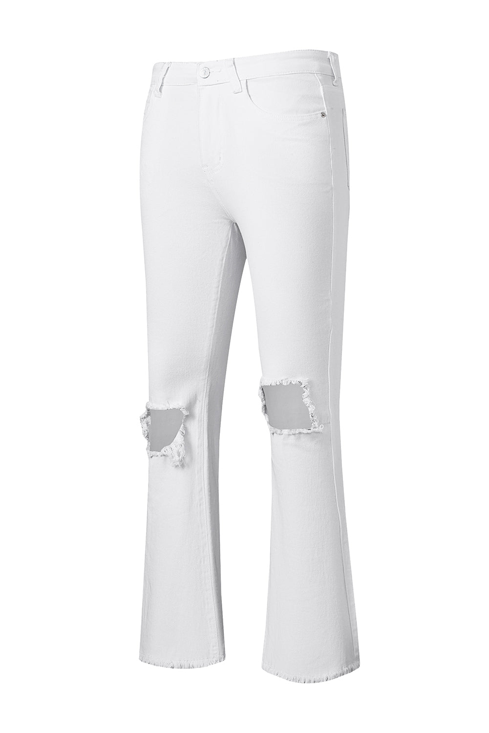 White Distressed Frayed Flare Denim Jeans - Klazzi Fashion Boutique