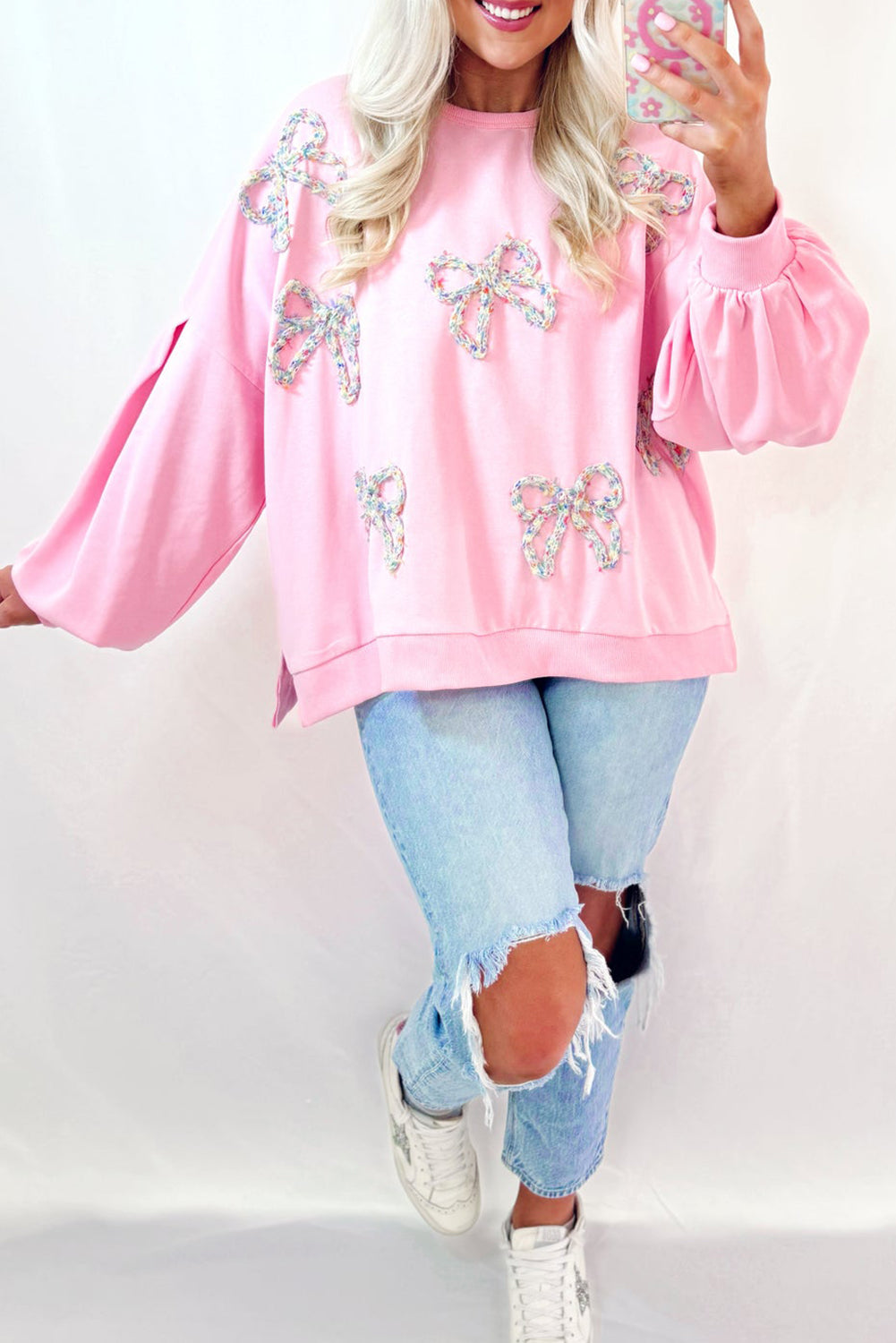 Pink Embroidered Bows Oversized Sweatshirt