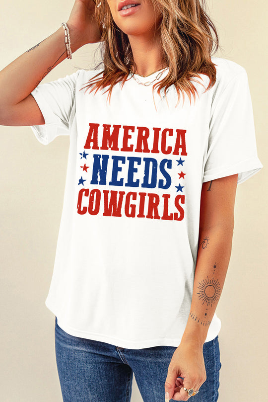 "America Needs Cowgirls" White Graphic T-Shirt