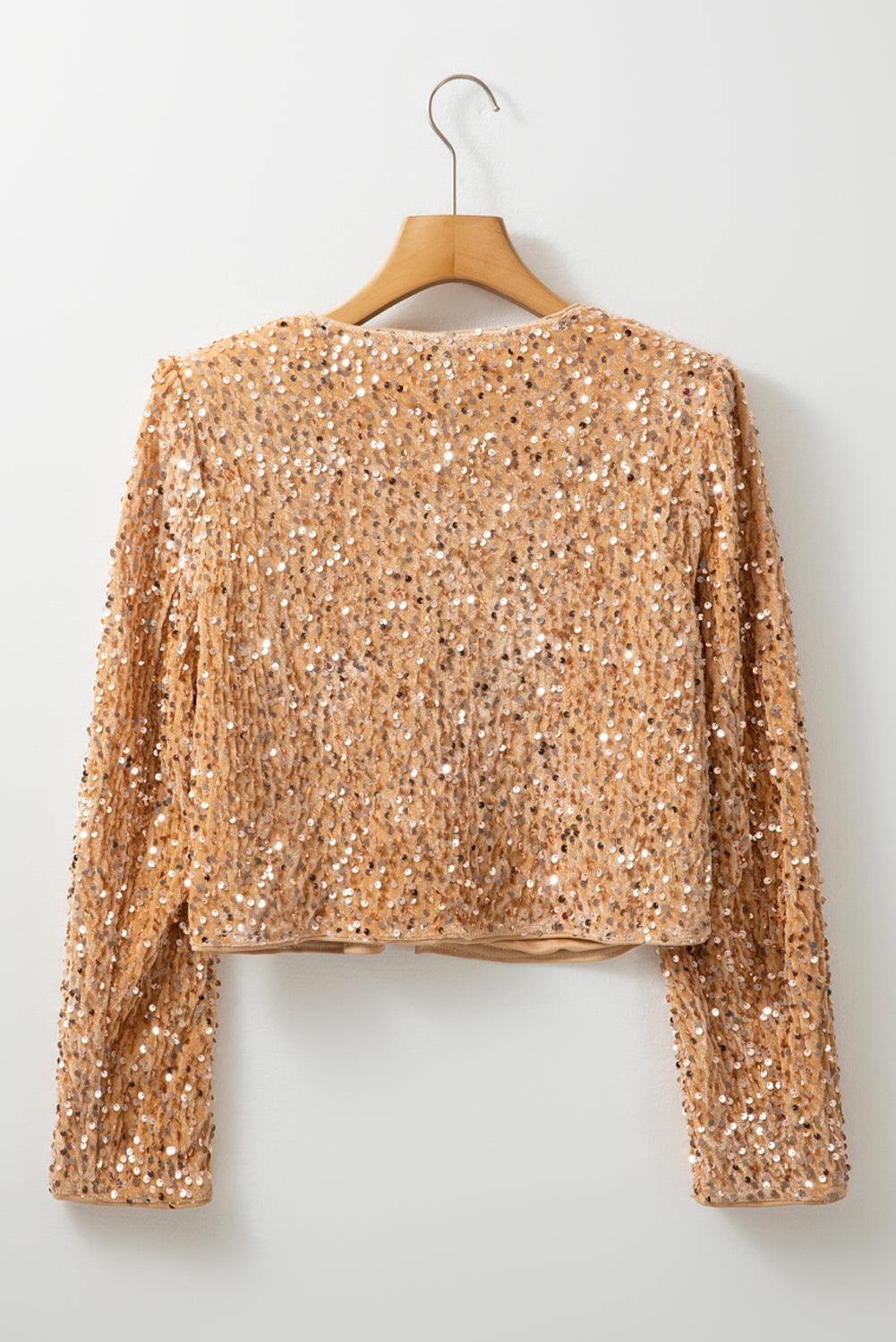 Black Sequined Open Front Cropped Jacket