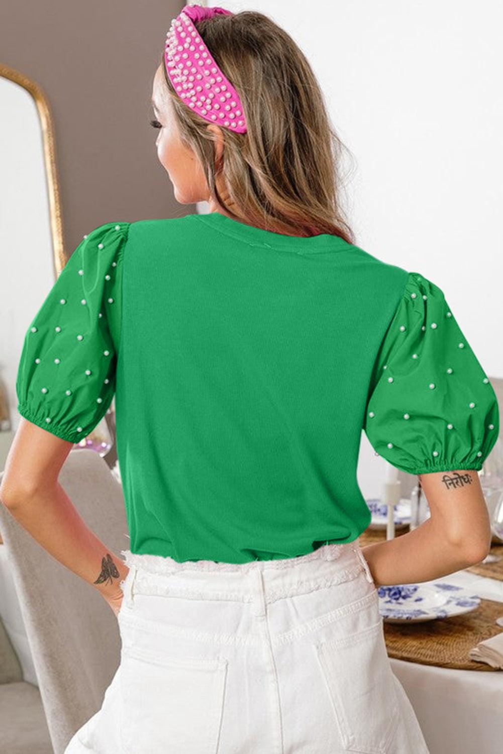 Beaded Pearl Puff Sleeve Blouse